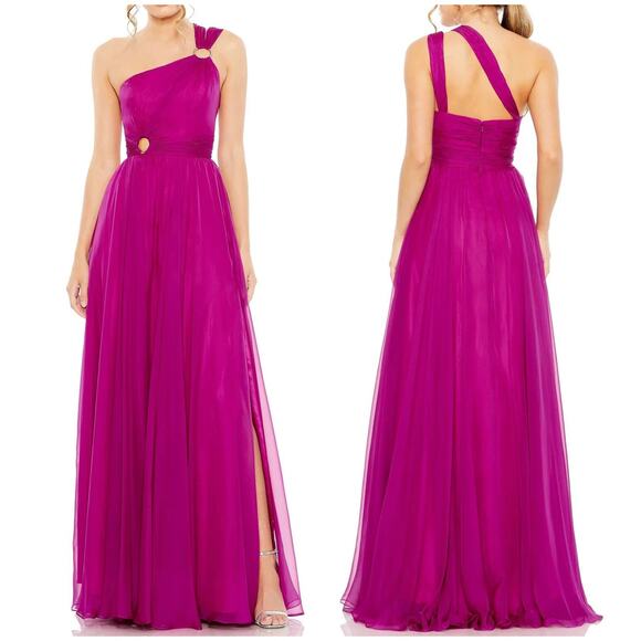 Mac Duggal NWT Strappy One Shoulder A Line Gown Chiffon Magenta Pink Size 4 - Picture 1 of 9